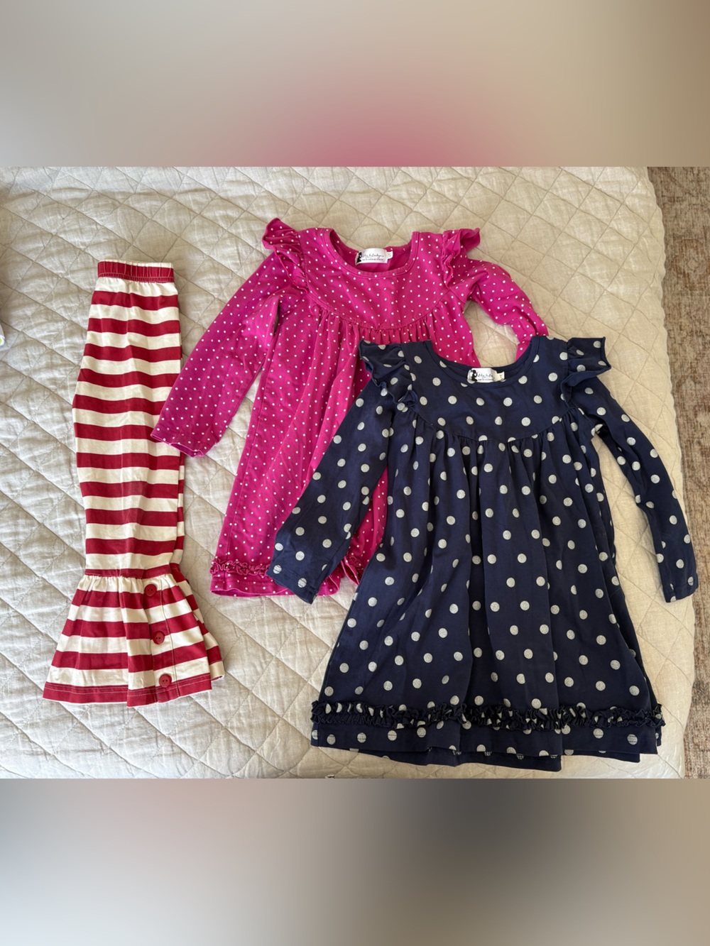 Kids Long Sleeve Polka Dot Dress - Hot Pink and Navy - Casual